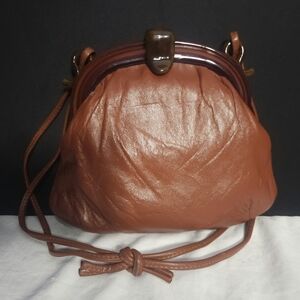 ANDÈ Vintage Brown Leather Lucite Handle Clamshell Clutch Bag Purse
